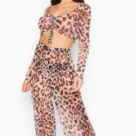 Boohoo Other - NWT Boohoo L Leopard Print Mesh Ruched Beach Set